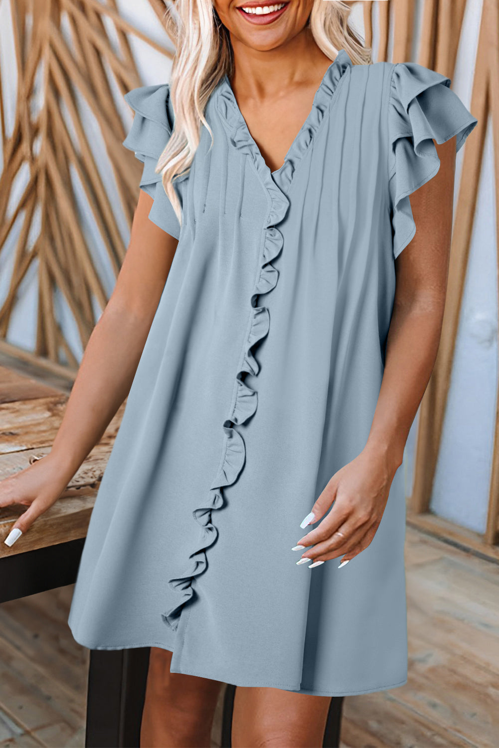 Black Frilled V Neck Pleated Ruffle Detail Short Shift Dress