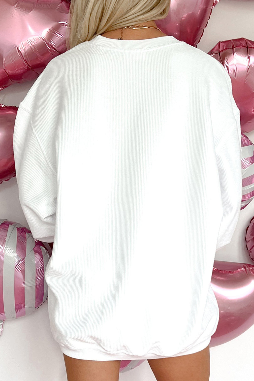 White Sequin Love Heart Pattern Corded Valentines Sweatshirt