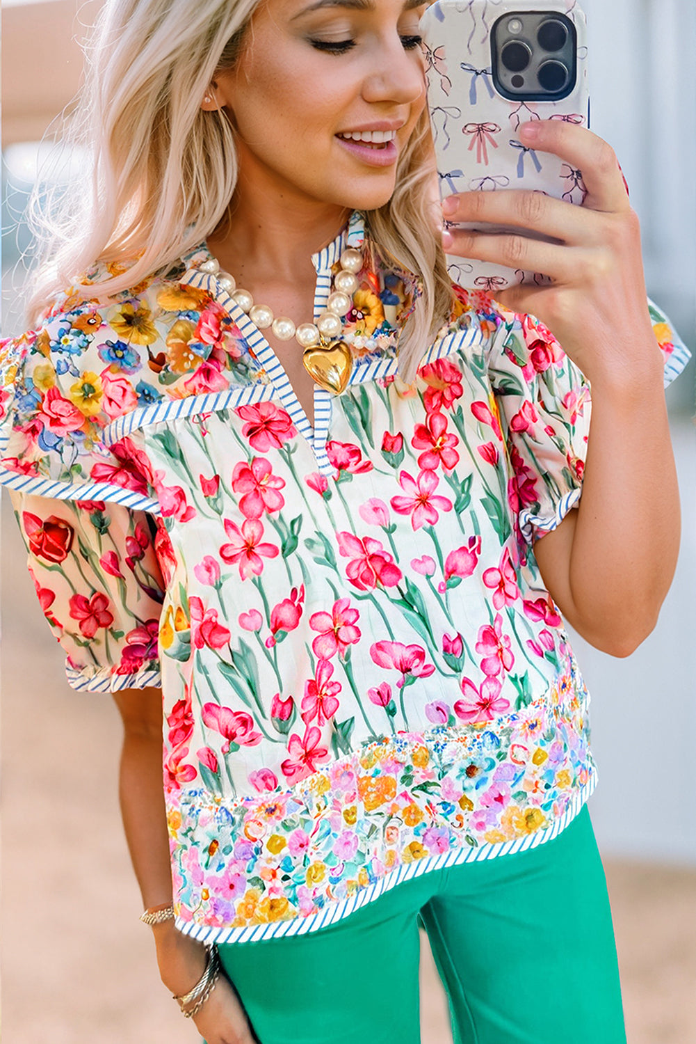 Pink Plus Size Floral Print Striped Trim V Neck Blouse