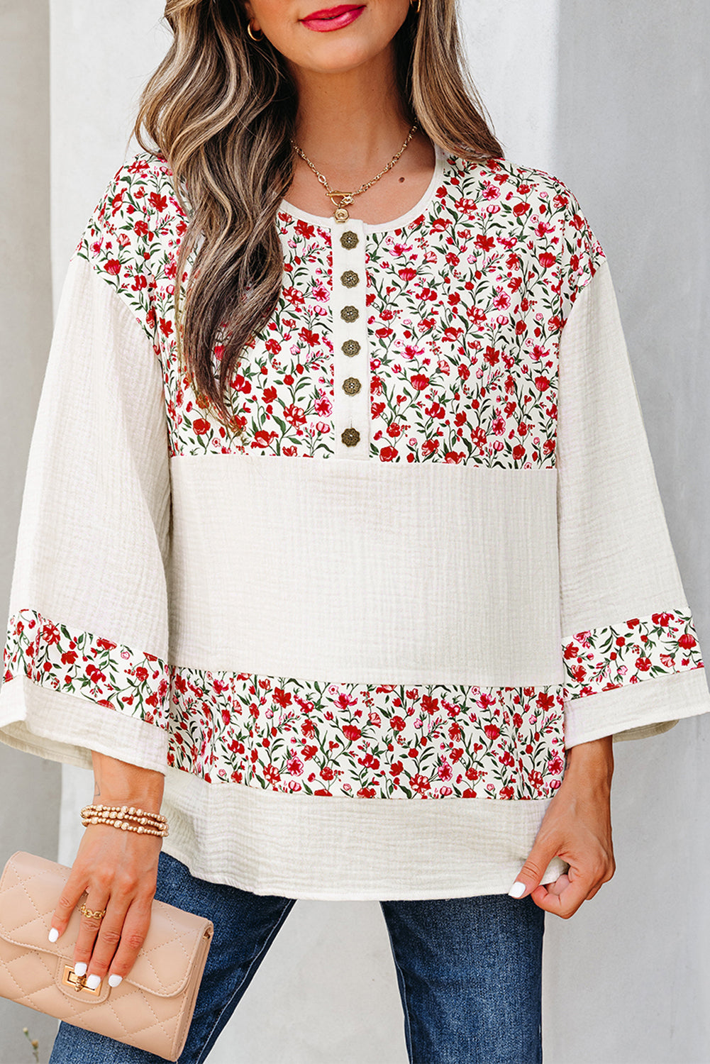 Sky Blue Floral Print Gauze Patchwork Henley Button 3/4 Sleeve Blouse