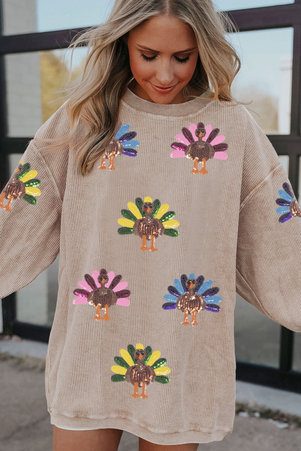 Orange Turkey Graphic Corded Baggy Sweatshirt