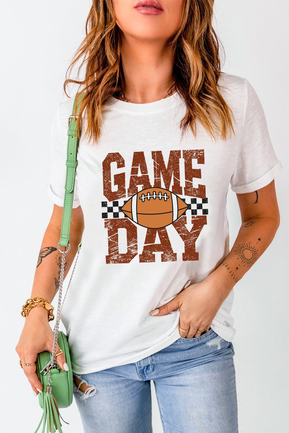 White GAME DAY Checkered Rugby Print Vintage Graphic Tee