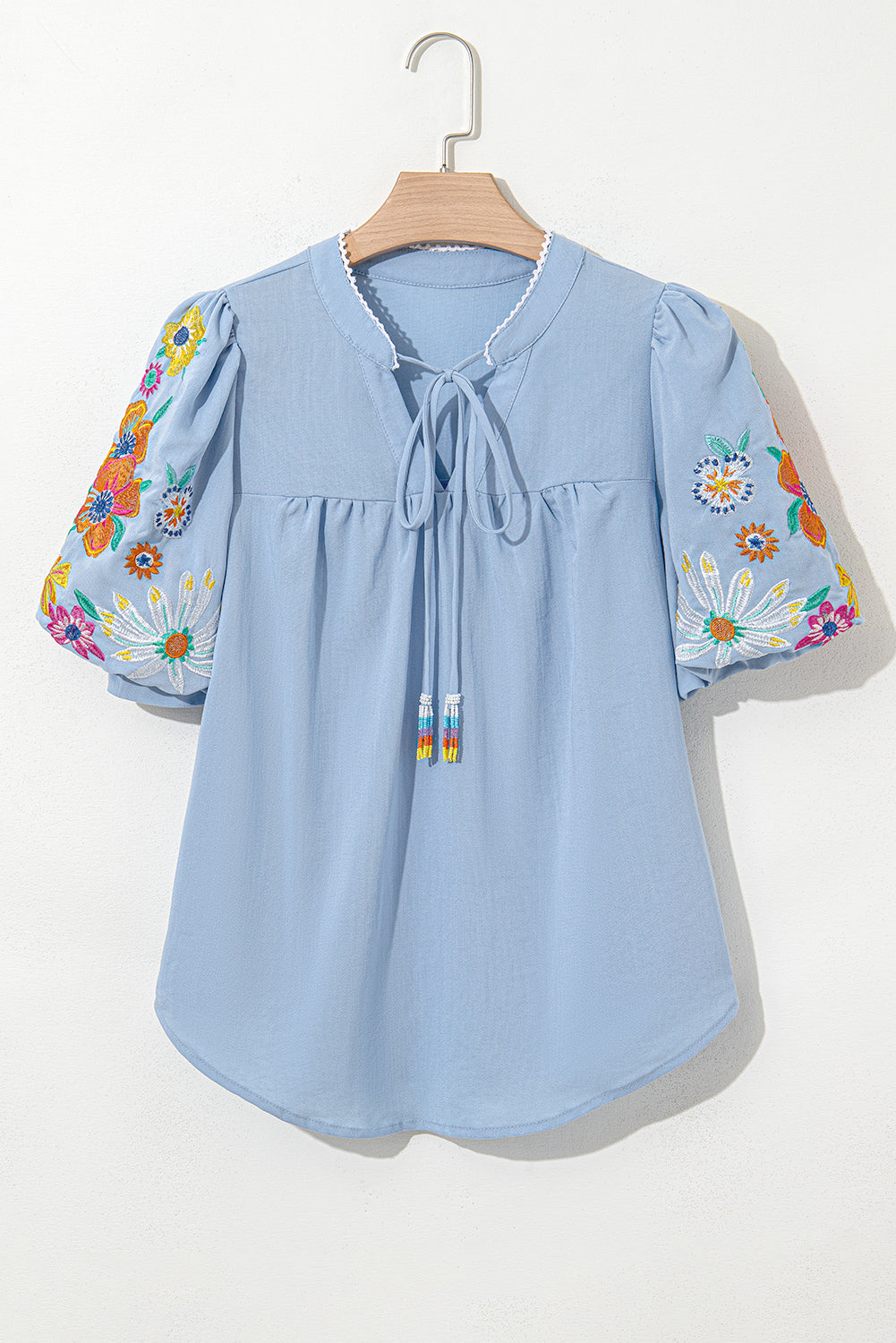 Clearly Aqua Floral Embroidered Puff Sleeve Split Neck Blouse