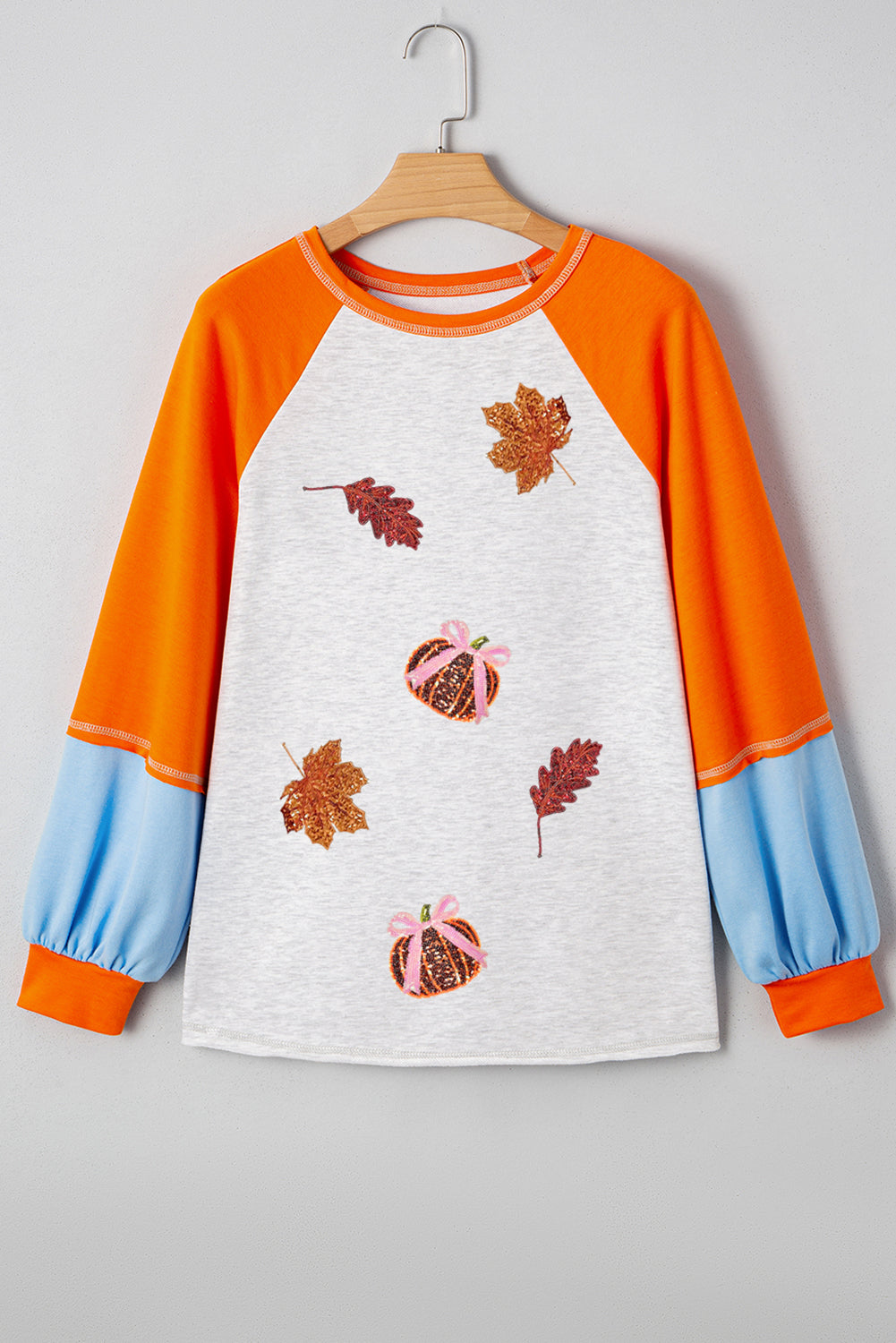 Light Grey Sequin Fall Elements Patched Color Block Patchwork Long Sleeve Loose Top