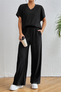 Black Ribbed Texture Side Split Loose Tee and Pants Set