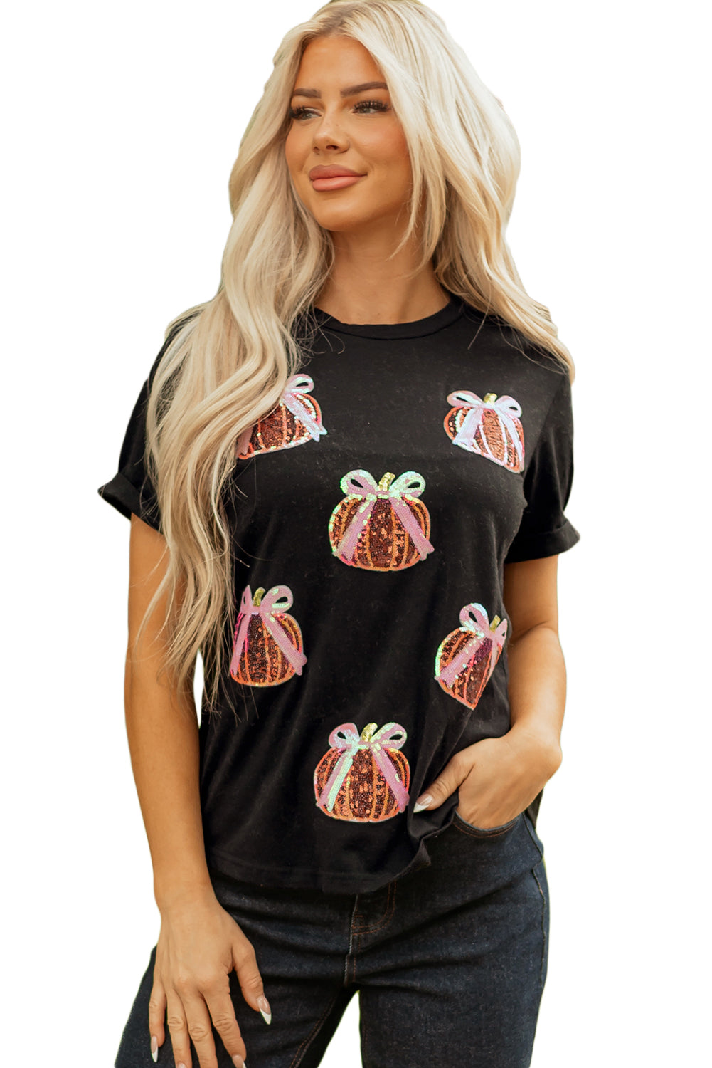 White Colorful Pumpkin Sequin Patched Drop Shoulder Sweatshirt