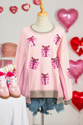 Light Pink Sequin Valentines Heart Gift Box Waffle Color Block Patchwork Sweatshirt