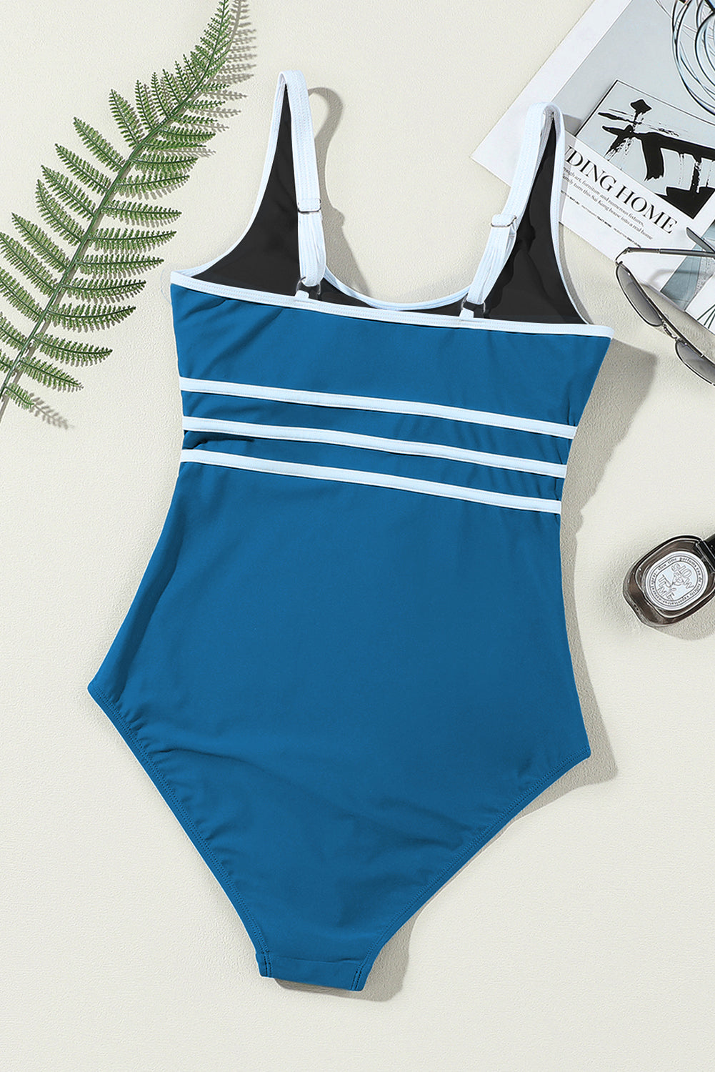 Dark Blue Contrast Trim Colorblock U Neck One Piece Swimwear