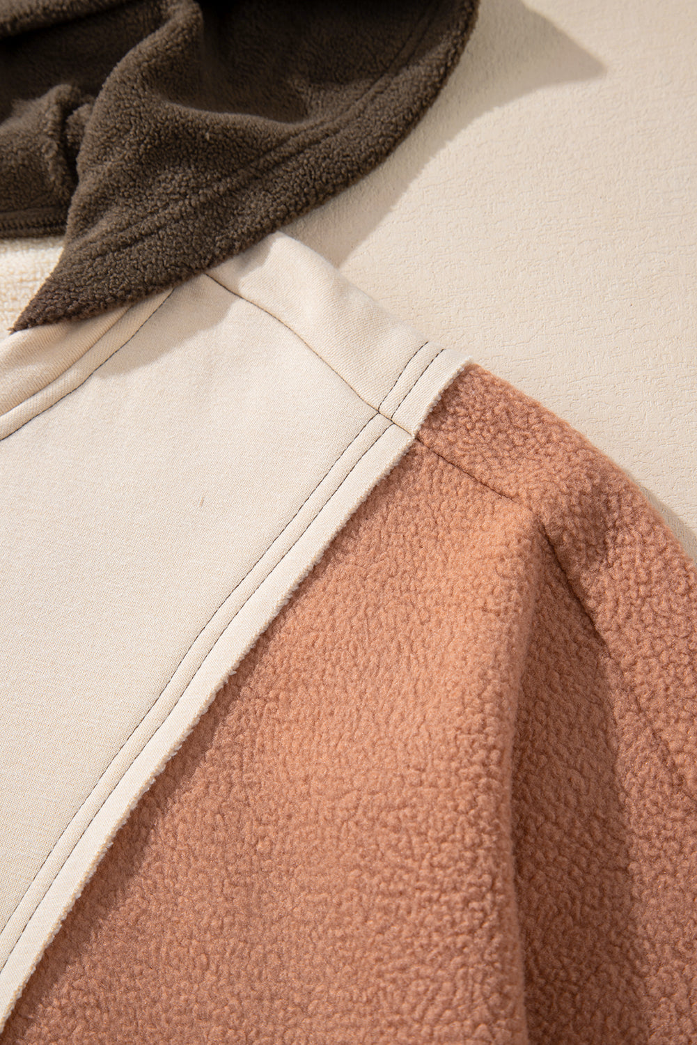 Beige Oversized Color Block Patchwork High Low Hoodie