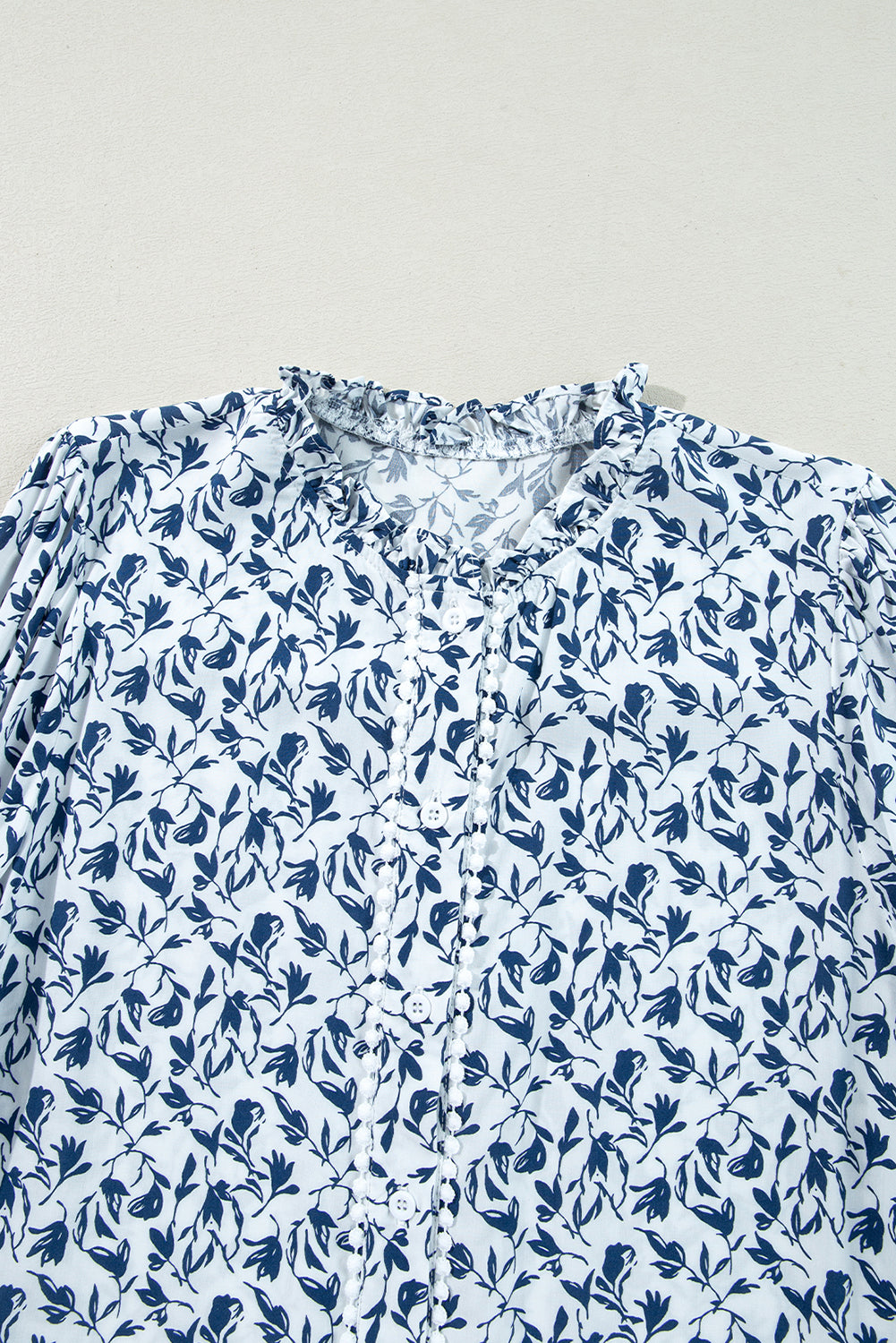 Green Printed Lace Detail Floral Puff Sleeve Fall Shirt