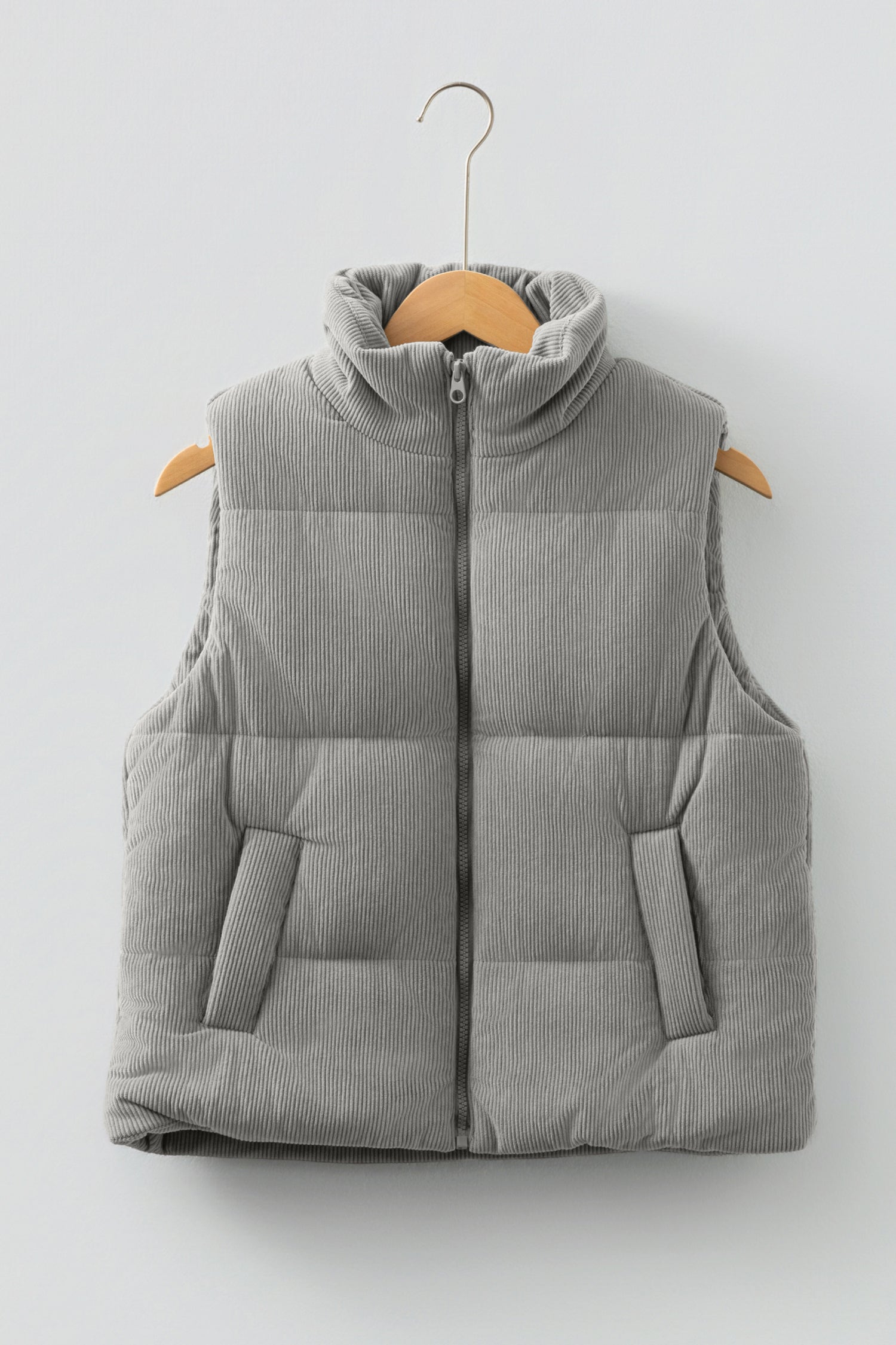 Beige Corduroy Stand Neck Zipped Puffer Vest