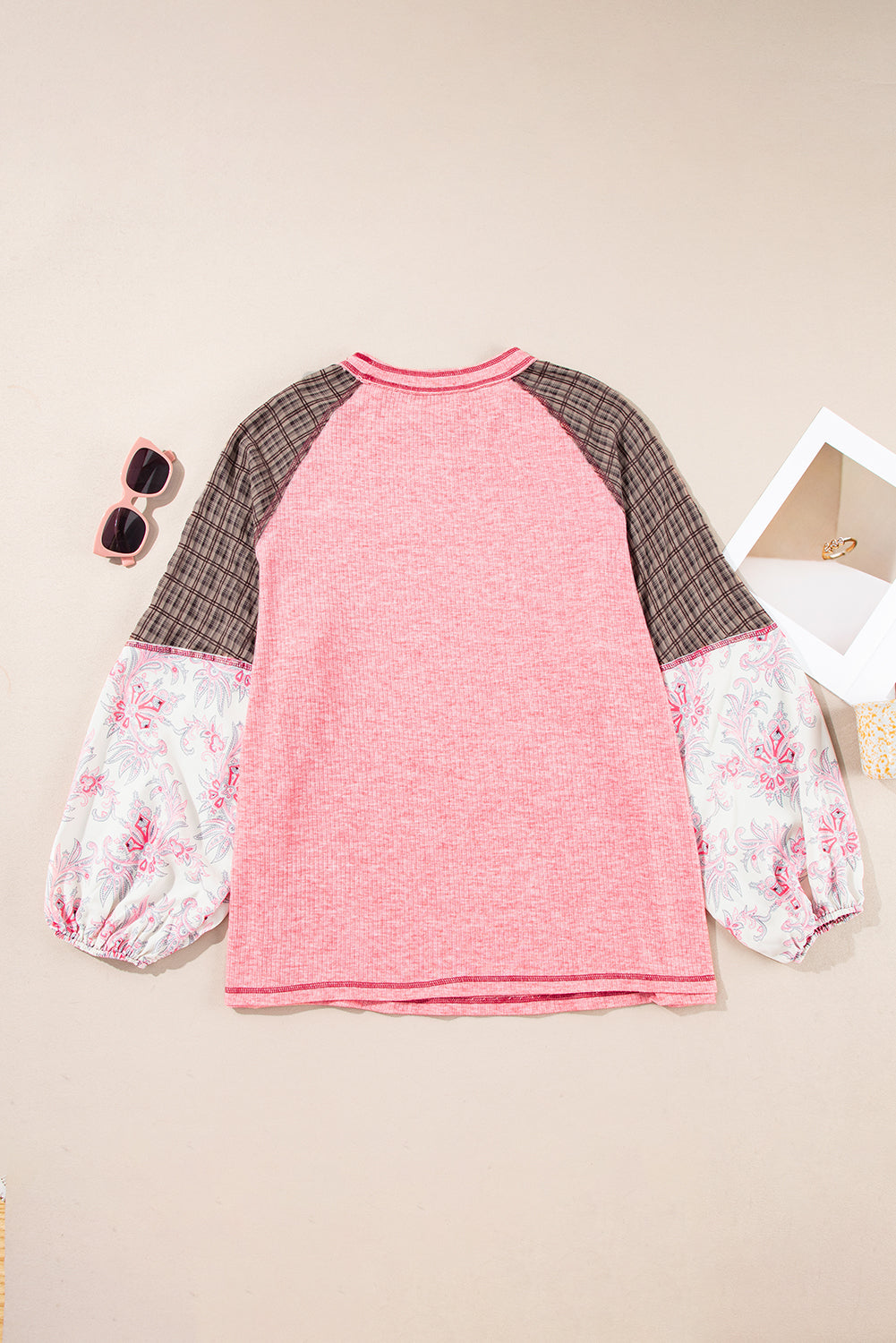 Fushia Mixed Print Raglan Sleeve Ribbed Knit Patchwork Blouse