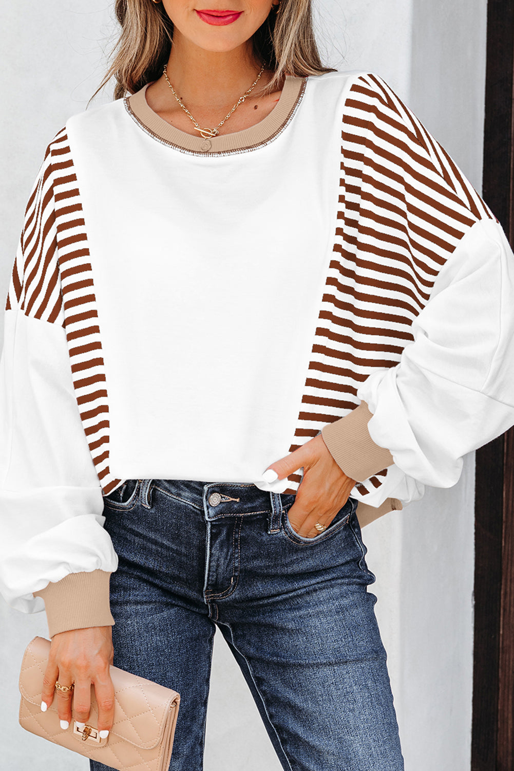 Red Stripe Colorblock Patchwork Contrast Stitching Oversize Sweatshirt