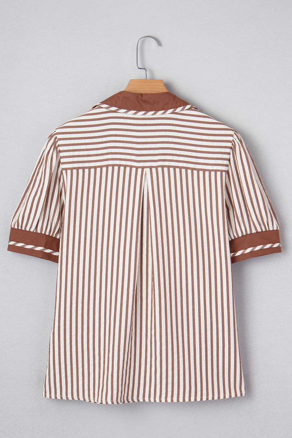 Black Stripe Collared Split Neck Short Bubble Sleeve Blouse