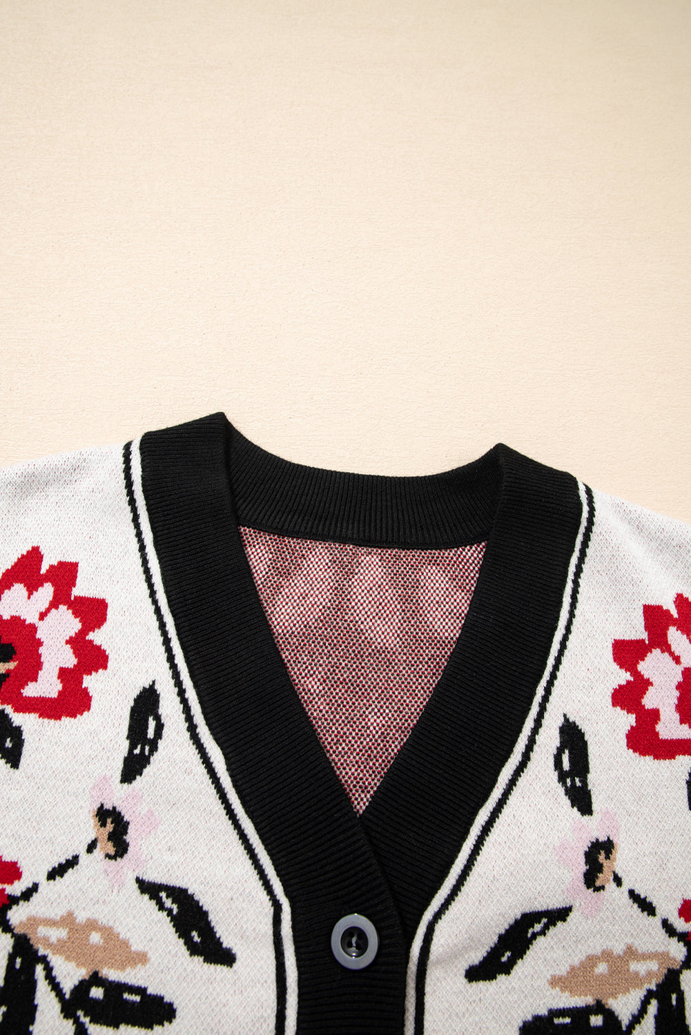Black Floral Print Buttoned Front V Neck Knit Cardigan