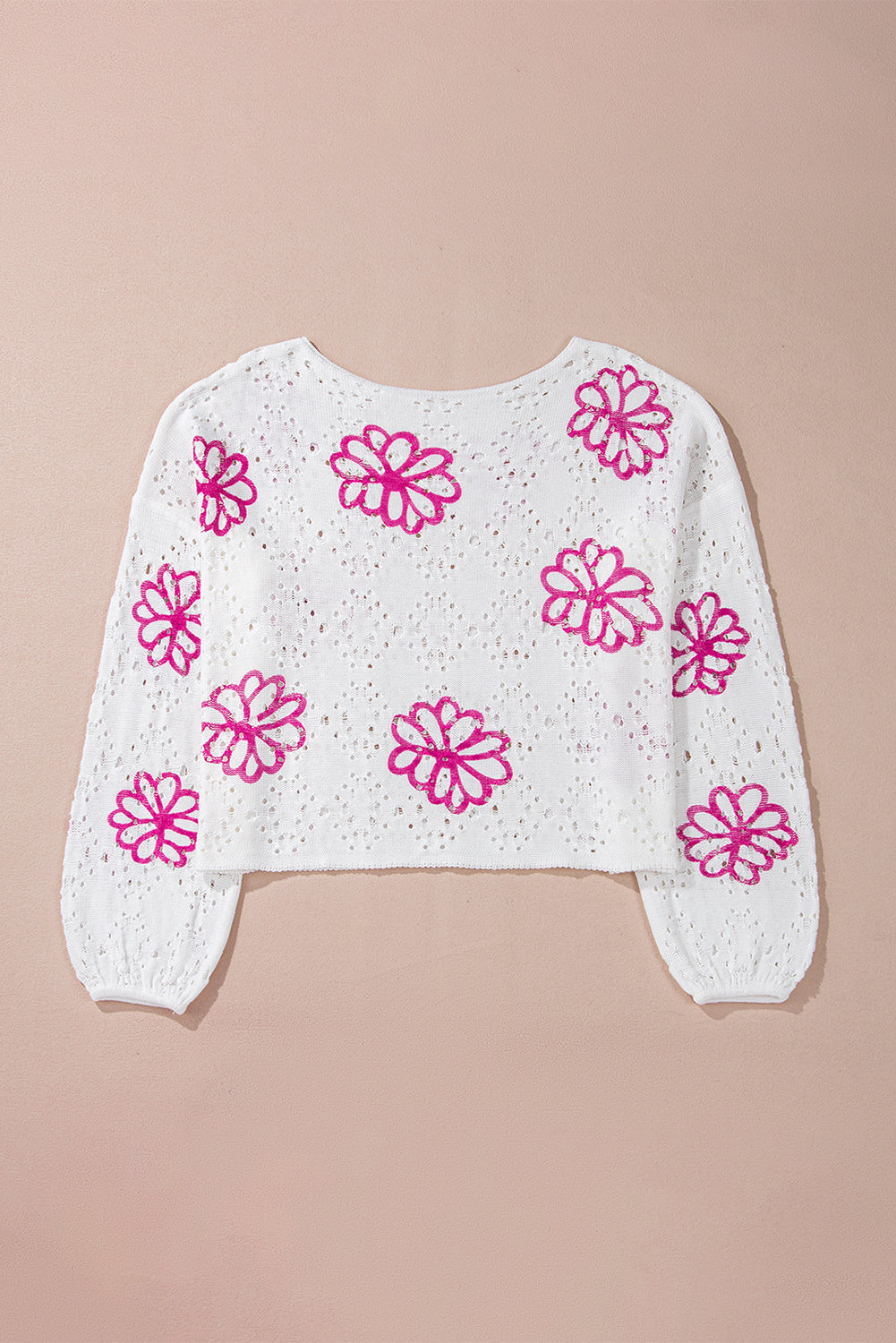 Beige Contrast Flower Print Eyelet Drop Shoulder Sweater