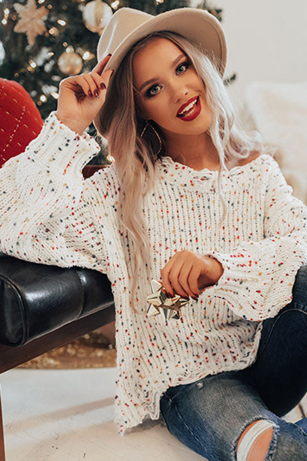 White Confetti Rib Knit Long Sleeve Cardigan