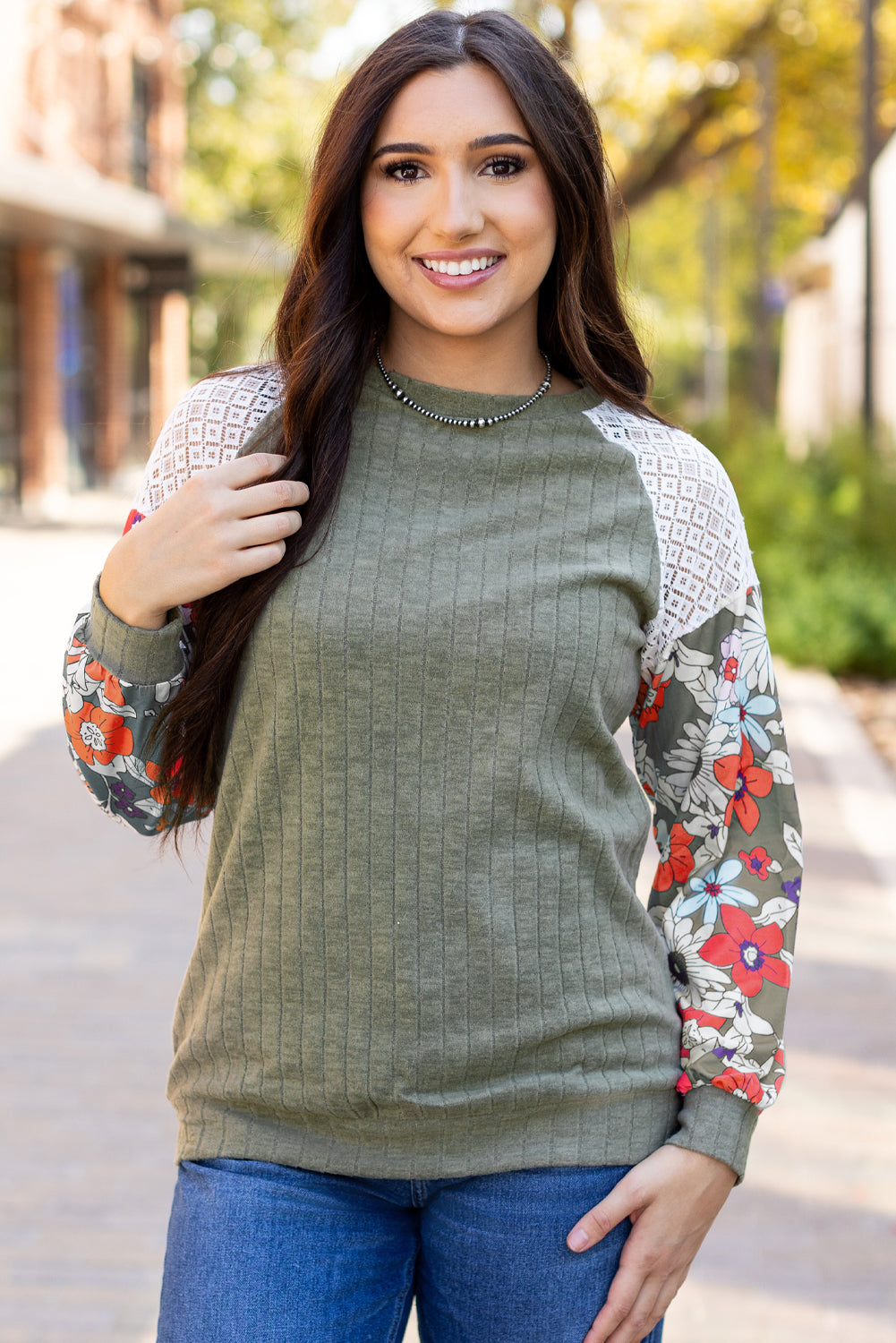 Vineyard Green Plus Size Textured Floral Patchwork Raglan Sleeve Blouse