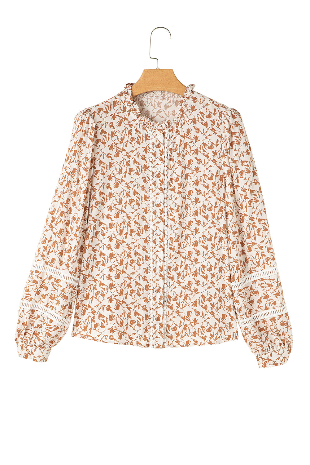 Green Printed Lace Detail Floral Puff Sleeve Fall Shirt