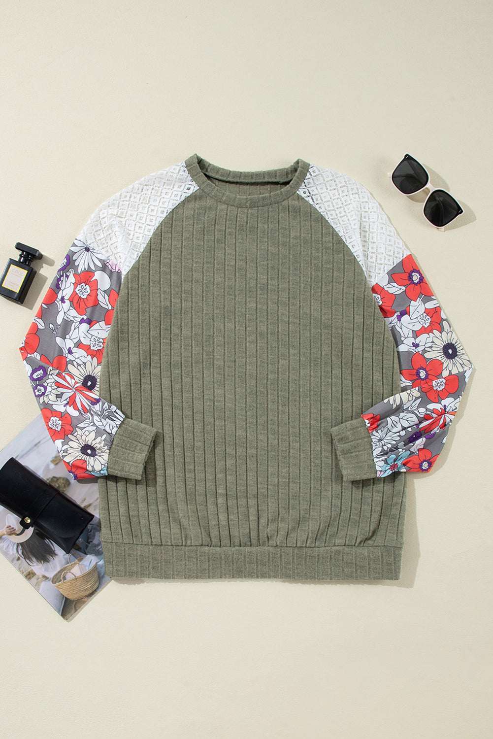 Vineyard Green Plus Size Textured Floral Patchwork Raglan Sleeve Blouse