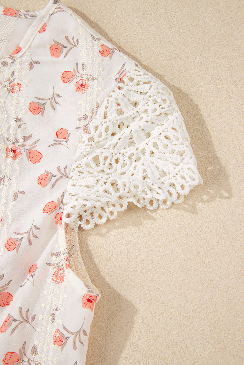 White Floral Eyelet Embroidered Puff Sleeve Notch V Neck Blouse