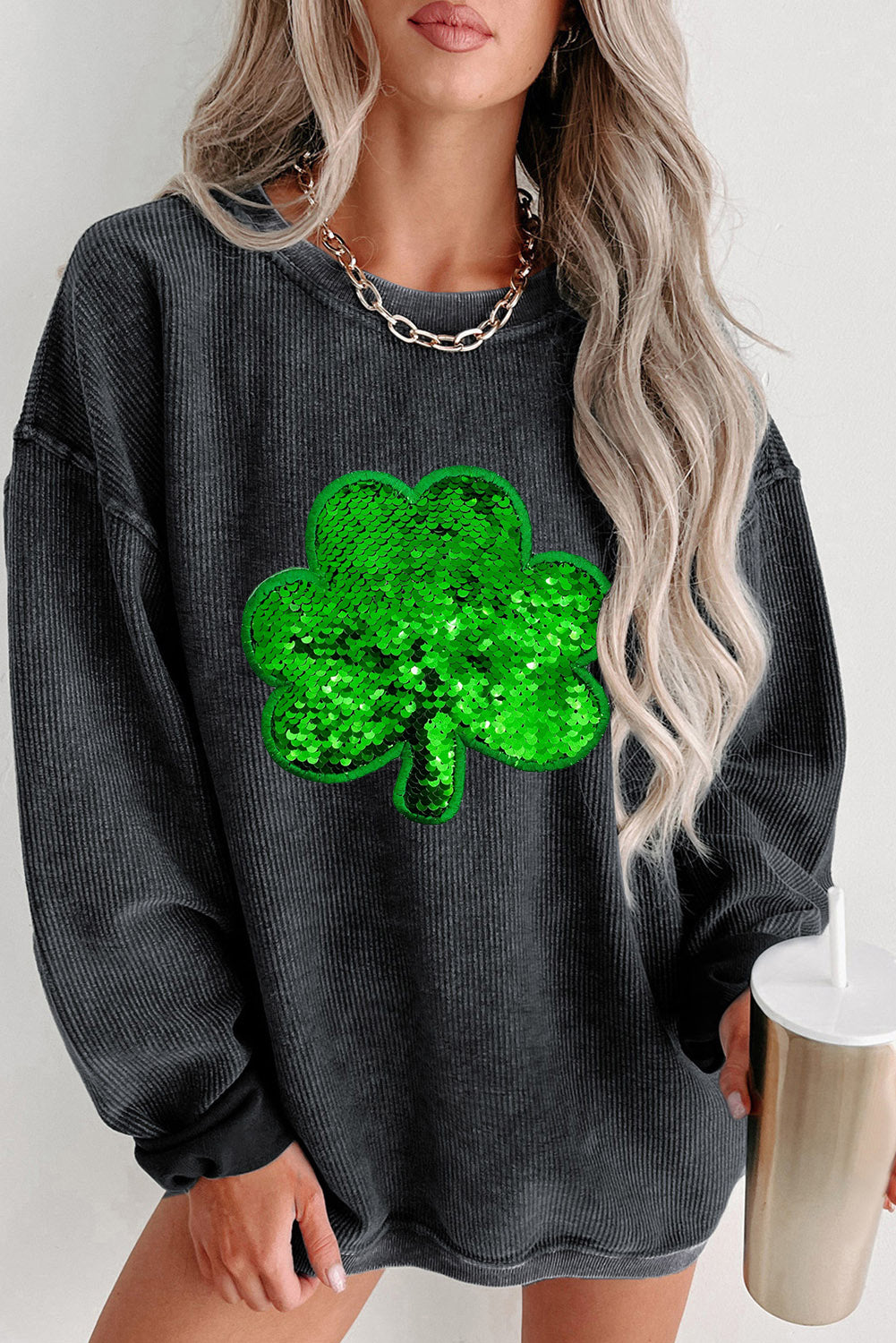 Green Sequin St Patrick Disco Ball Patch Corded Sweatshirt