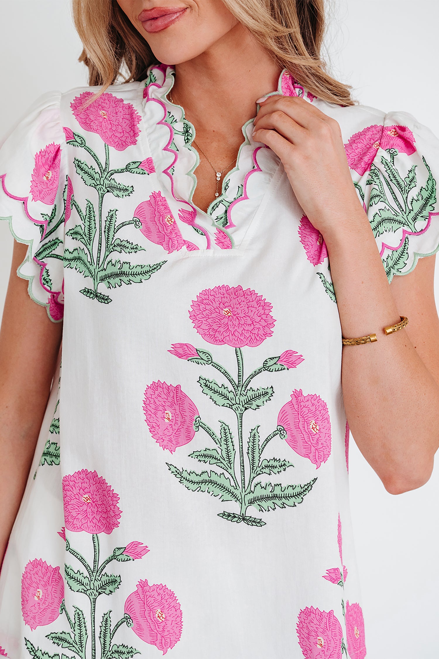 Blue Wild Flower Print Contrast Trim Scallop Detail Short Sleeve Blouse