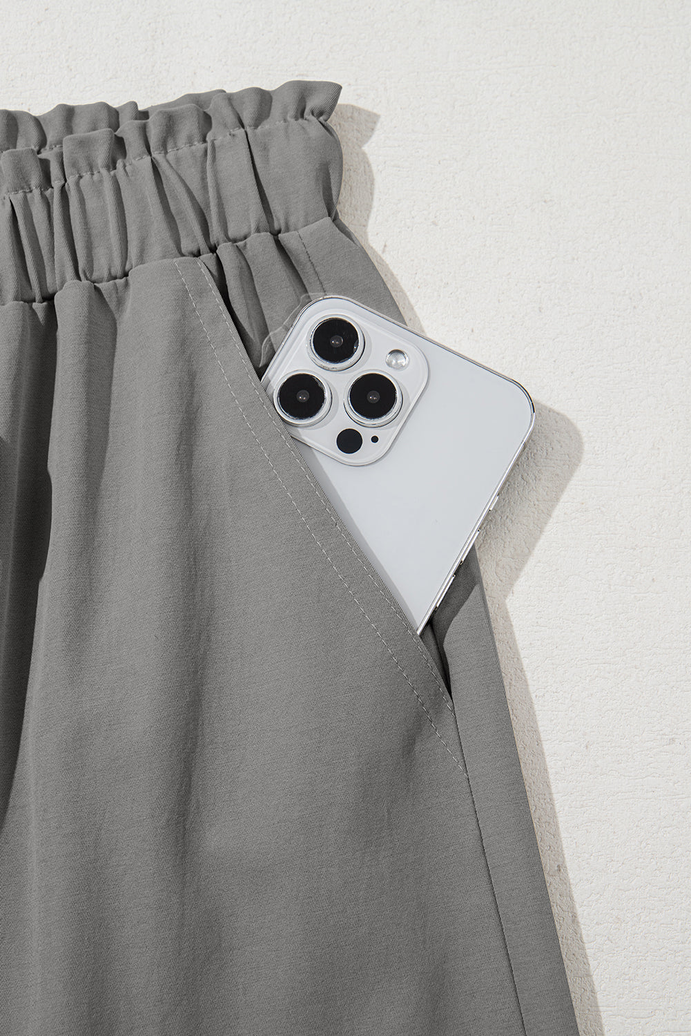 Gray Solid Color Drawstring Elastic Waist Casual Loose Pants