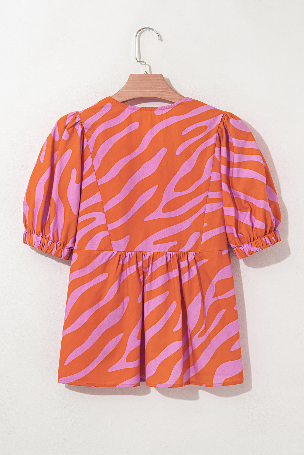 Orange Zebra Stripe Print Ruched Cuff Half Sleeve V Neck Blouse
