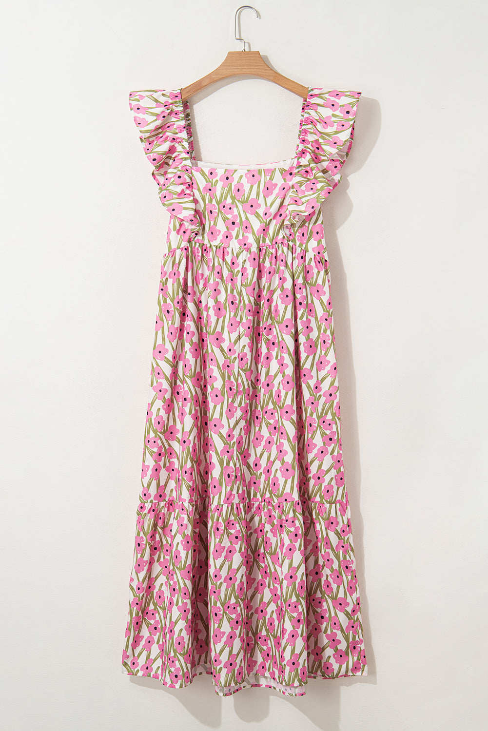 Blue Floral Print Square Neck Ruffled Strap Maxi Dress