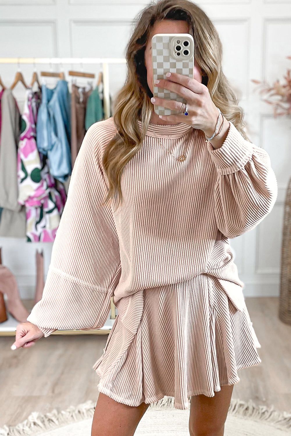 Jet Stream Corded Lantern Sleeve Top High Waist Ruffled Mini Skort Set