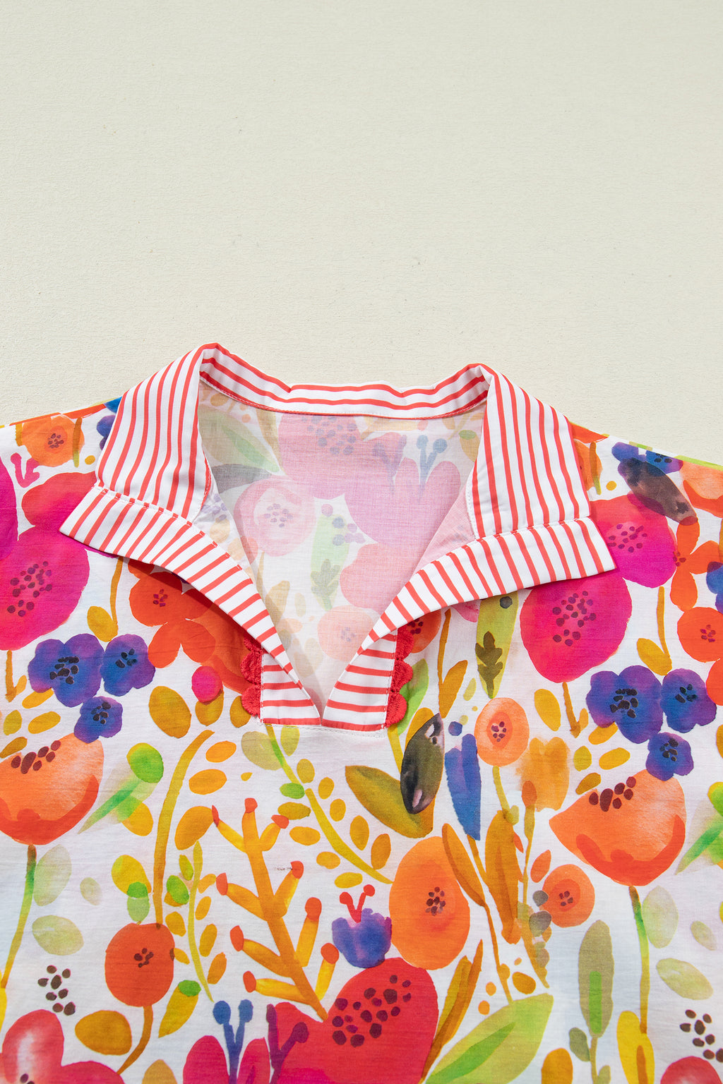 Rose Striped Trim Collared V Neck Short Sleeve Floral Print Blouse
