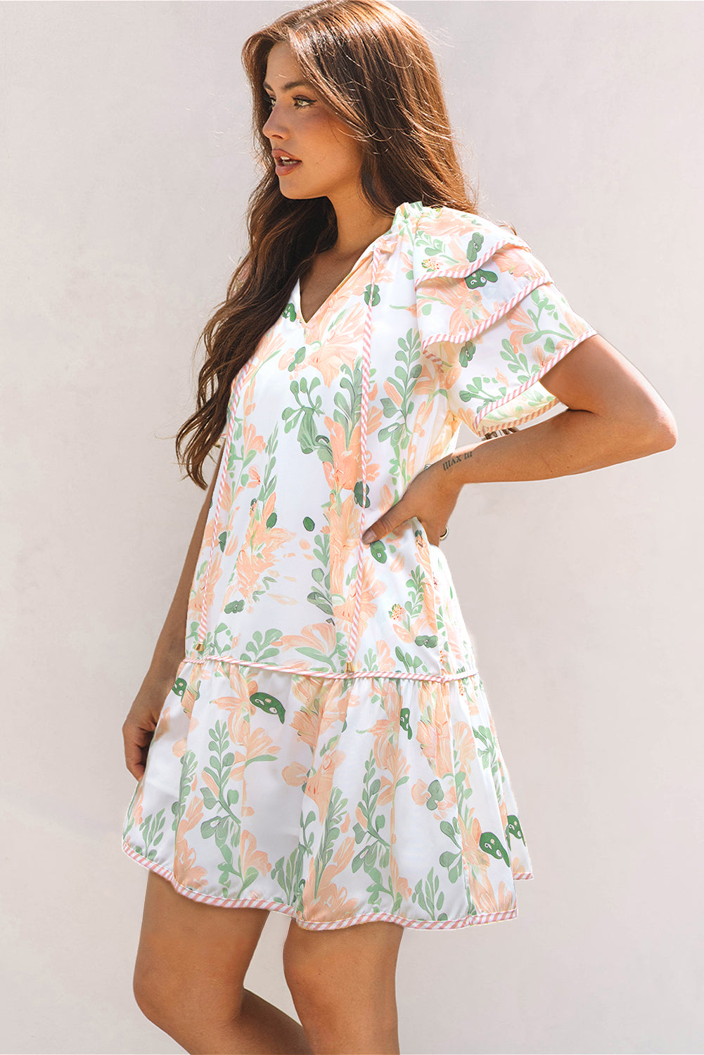 Pink Plus Size Floral Print Striped Detail Short Summer Dress