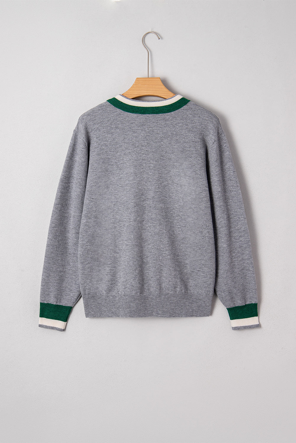 Black Contrast Striped Trim V Neck Varsity Sweater