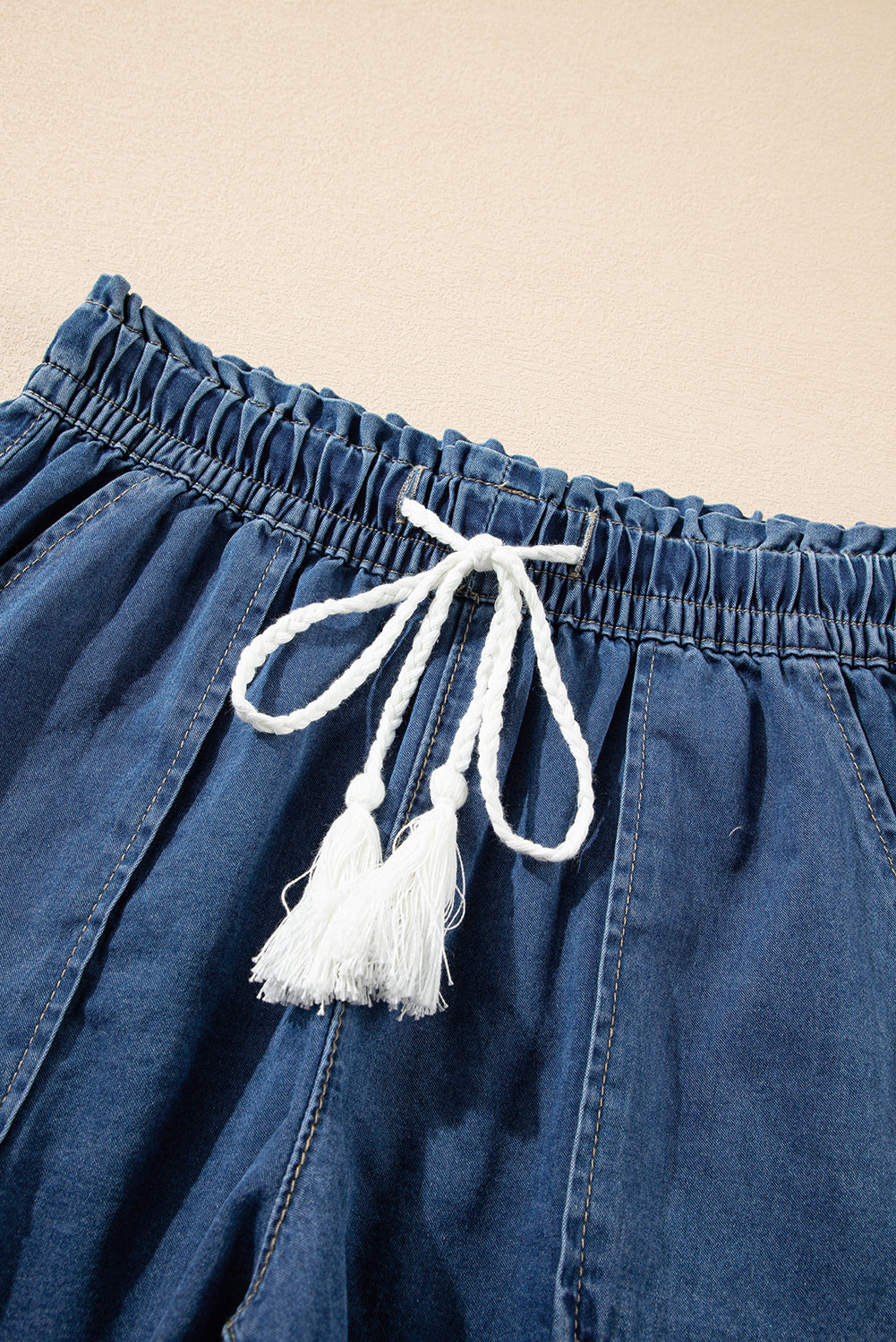Ashleigh Blue Raw Hem Drawstring Elastic Waistband Denim Shorts with Pockets