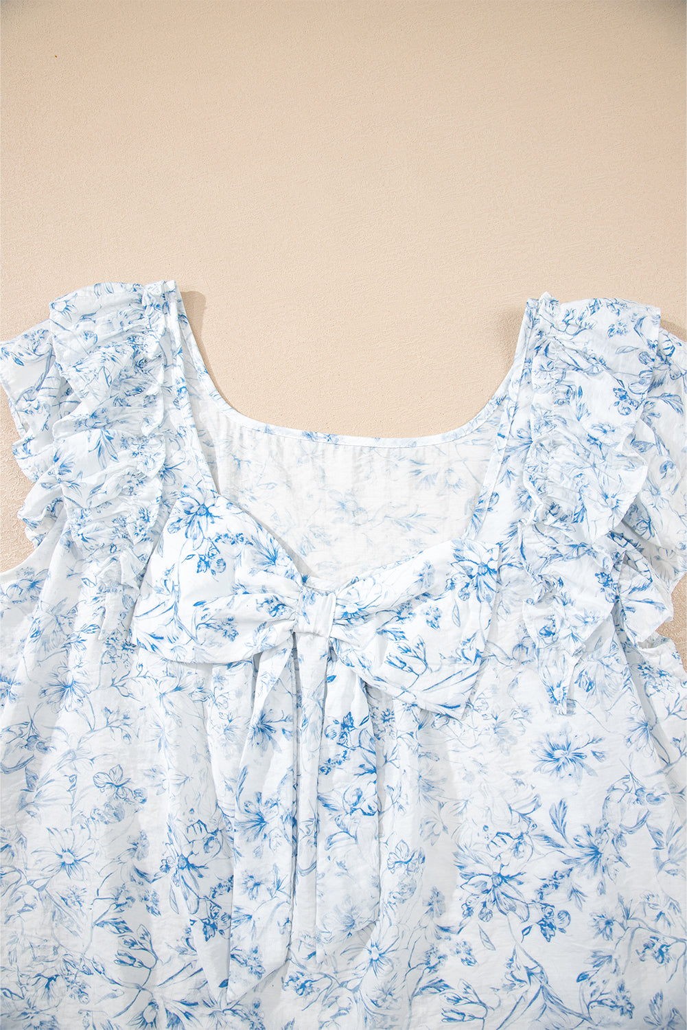 Beau Blue Textured Bow Knot Frilled Butterfly Sleeve Blouse