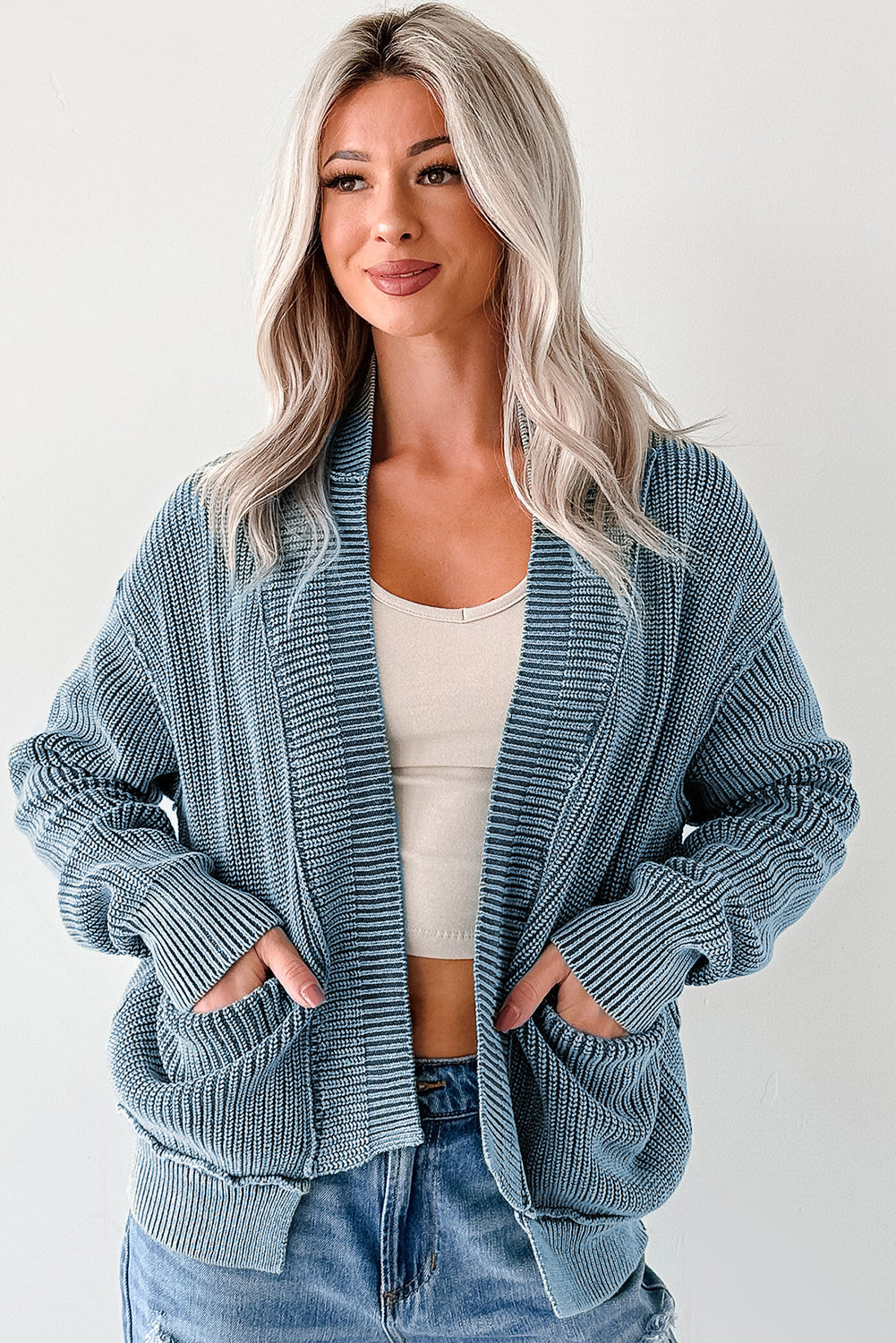 Dark Brown Mineral Wash Exposed Seam Patchwork Knit Open Sweater Cardigan