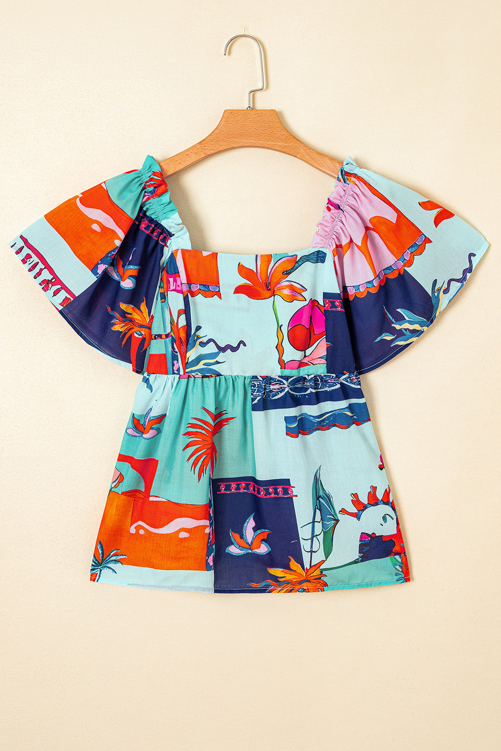 Sky Blue Tropical Printed Square Neck Flutter Sleeve Babydoll Blouse