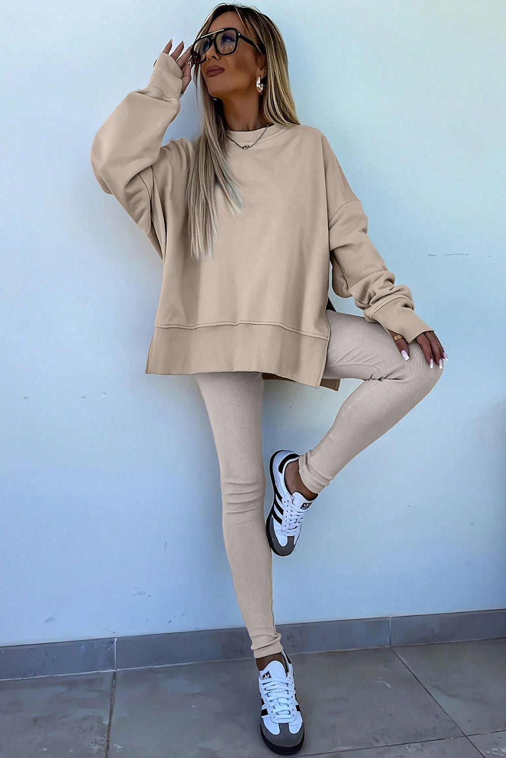Black Solid Color Oversize Slit Sweatshirt Ribbed Leggings 2pcs Set