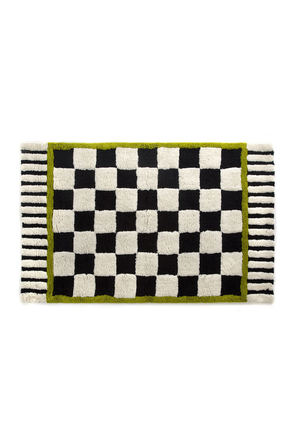 Spinach Green Square Trim Plush Checkered Striped Bath Rug