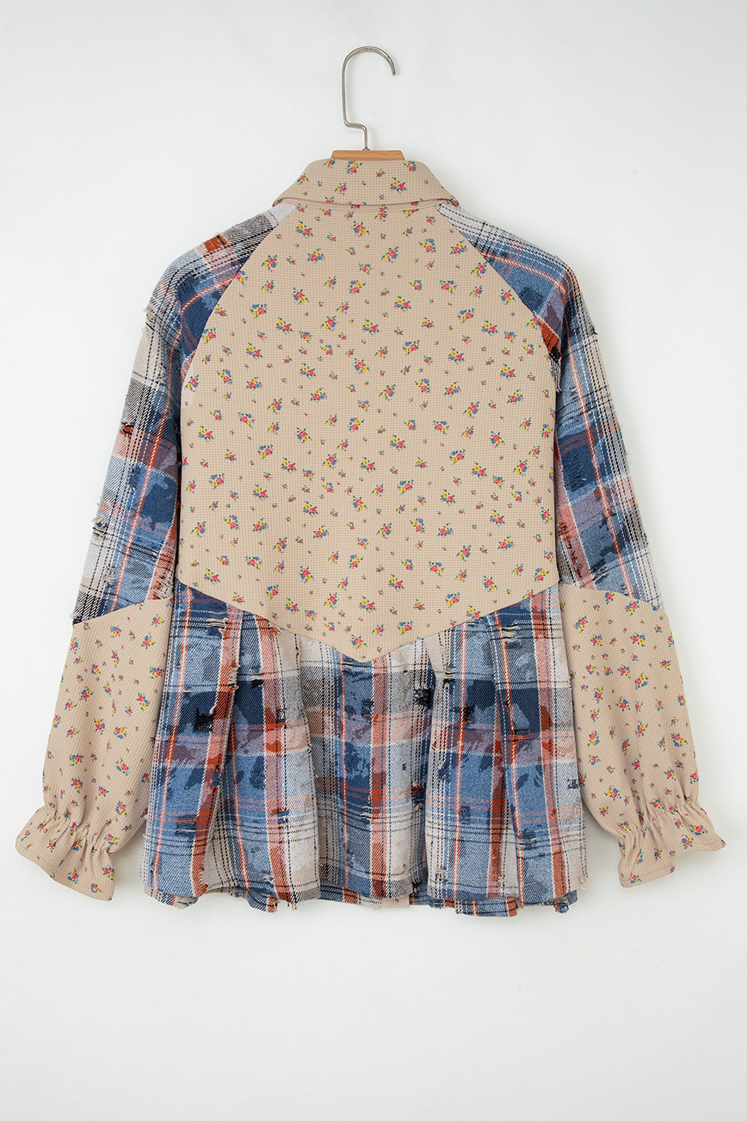 Mist Green Boho Floral Plaid Patchwork Distressed Detail Ruffled Sleeve Waffle Knit Shacket