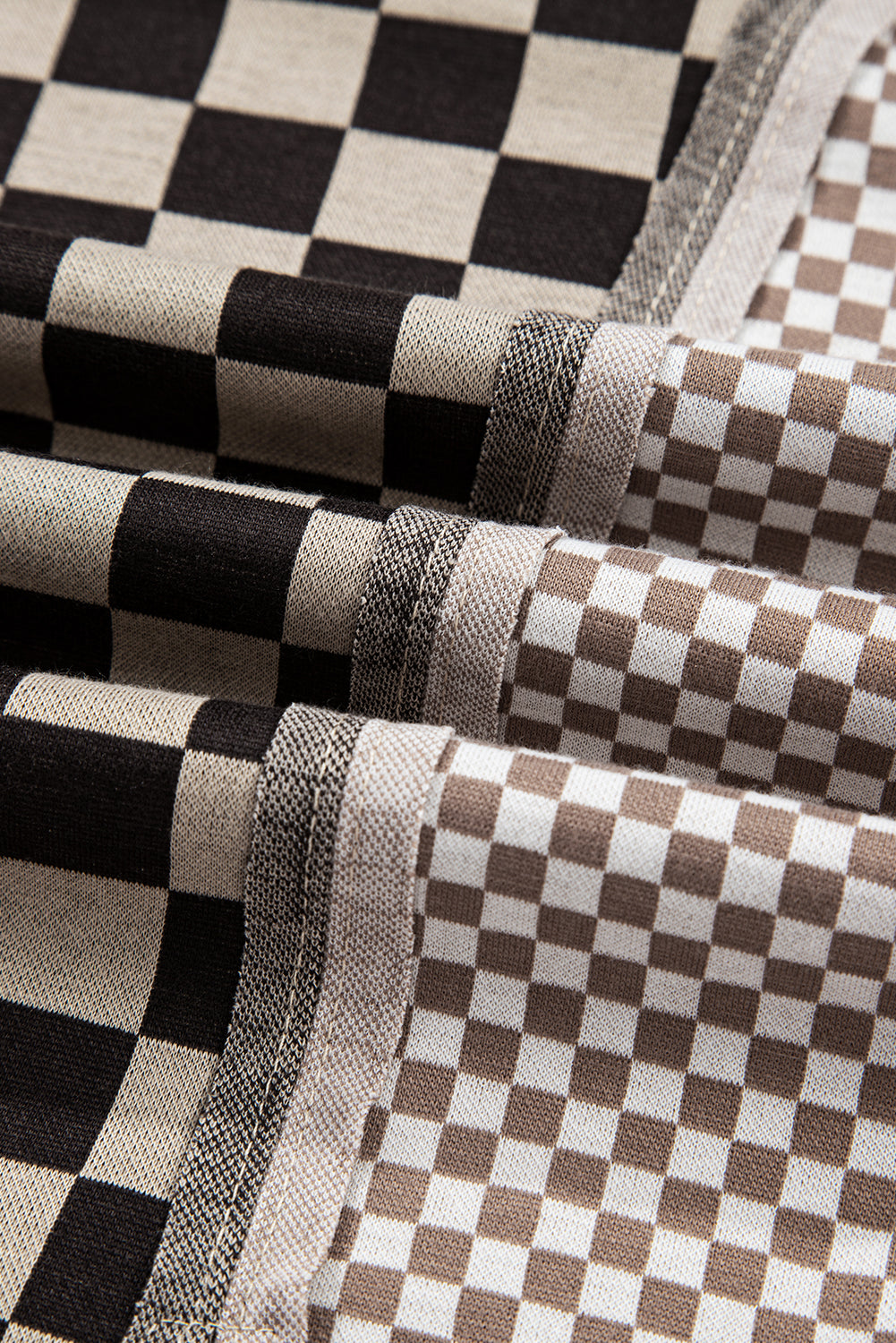 Khaki Mixed Checkered Pattern Patchwork High Low Casual Top