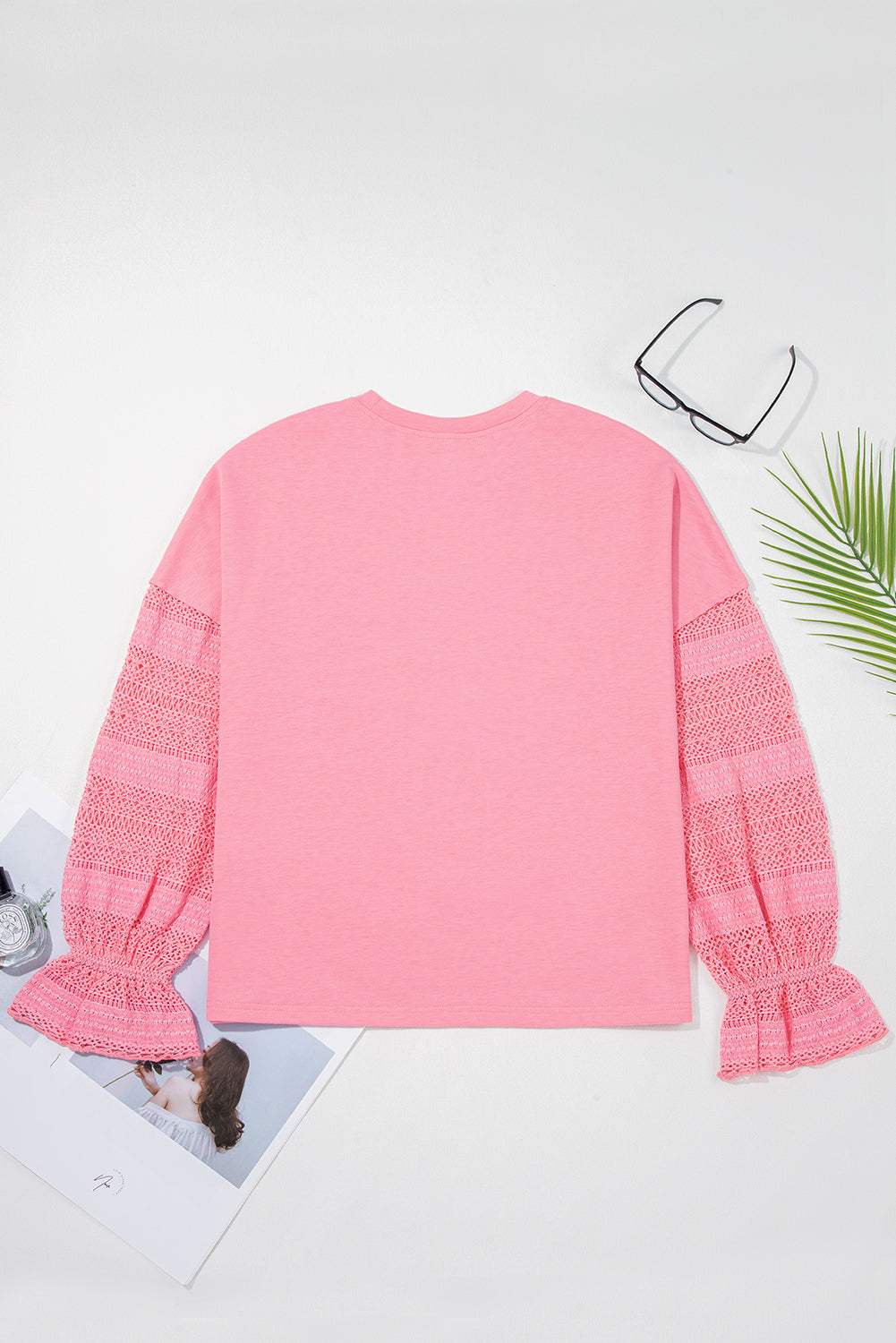 Sachet Pink Drop Shoulder Lace Ruffled Sleeve Patchwork Loose Sweatshirt