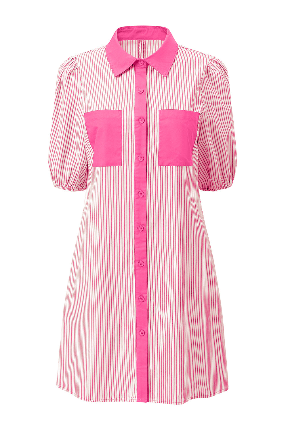 Black Stripe Color Block Patchwork Shirt Collar Button Down Puff Sleeve Mini Dress