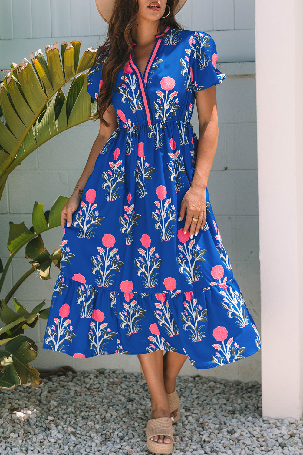 White Floral Puff Short Sleeve V Neck High Waist Maxi Dress