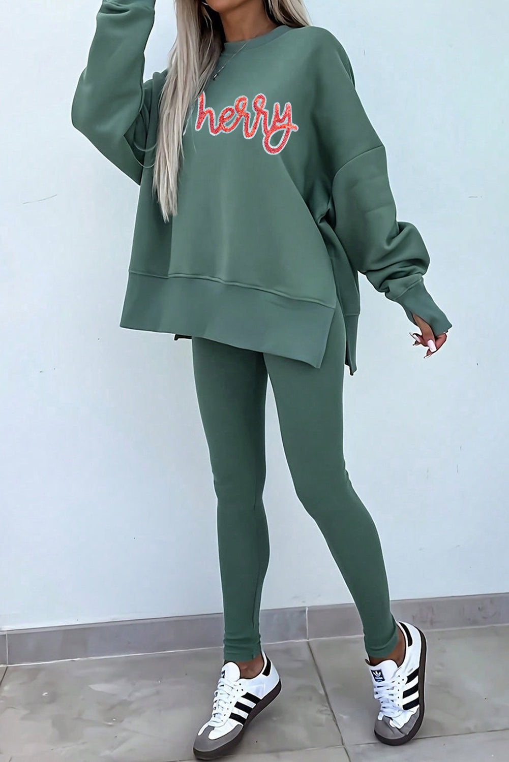 Black Solid Color Oversize Slit Sweatshirt Ribbed Leggings 2pcs Set