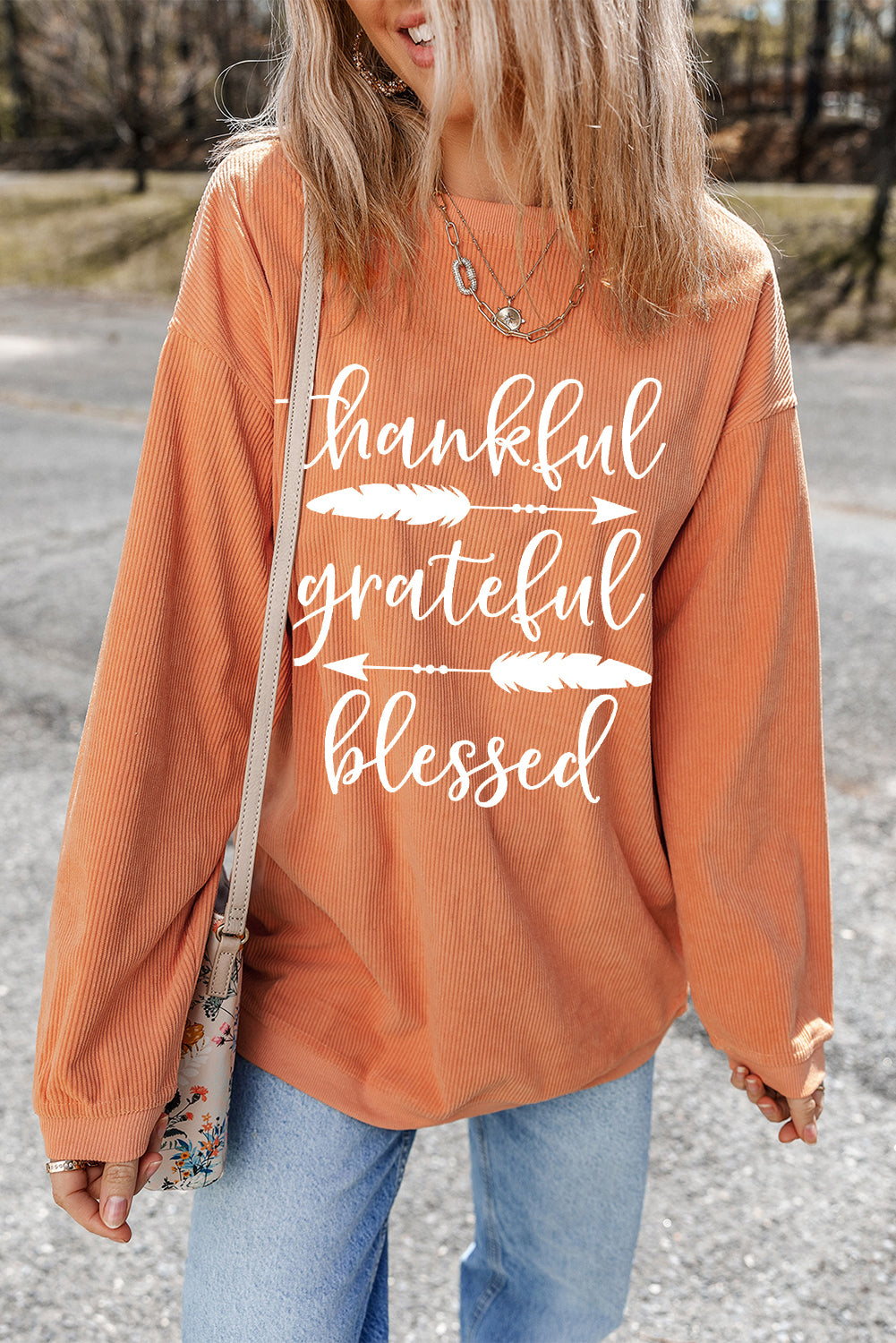 Orange Thankful Ribbed Crew Neck Thanksgiving Sweatshirt