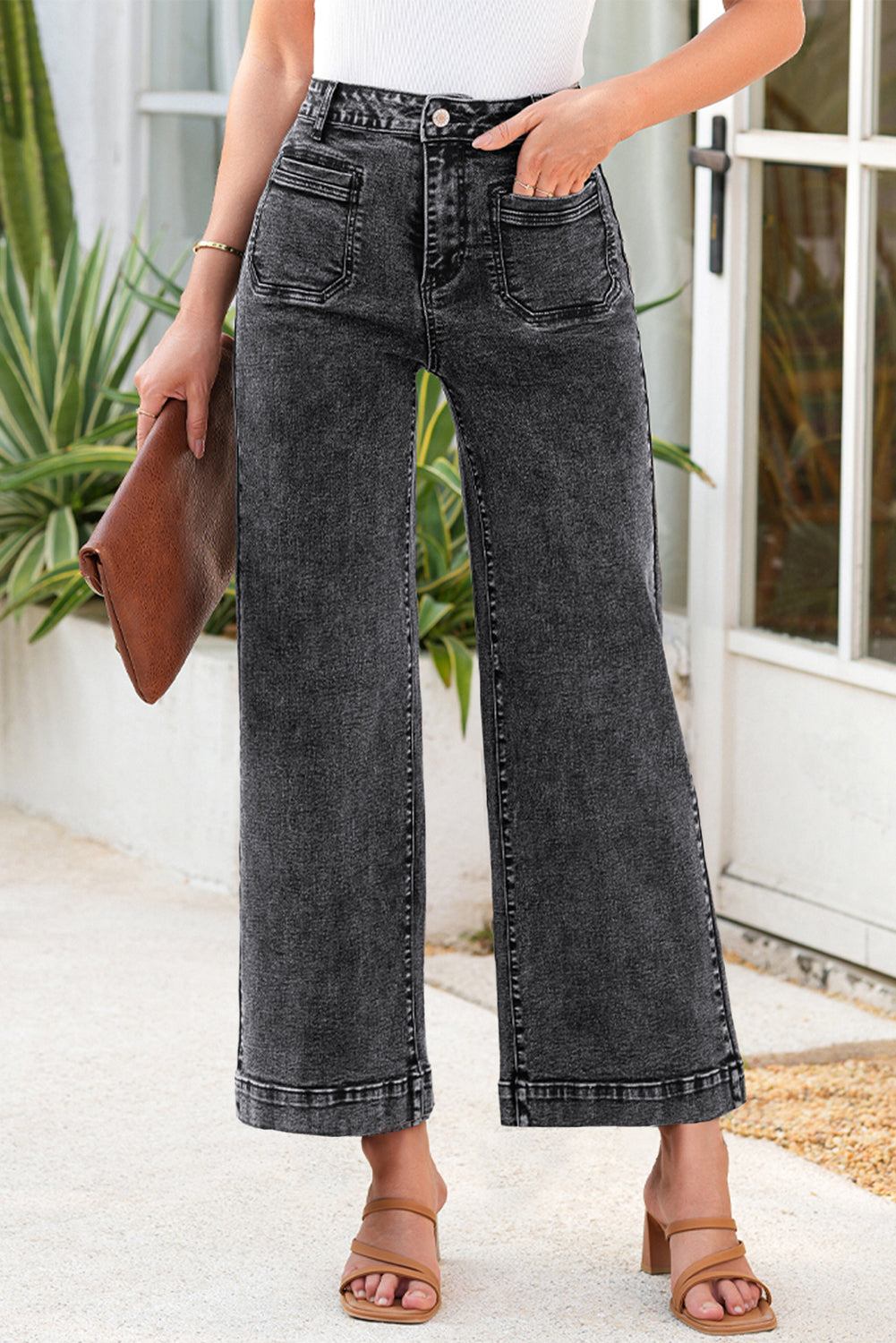 Light Blue Chic Patch Pocket Straight Leg Loose Jeans
