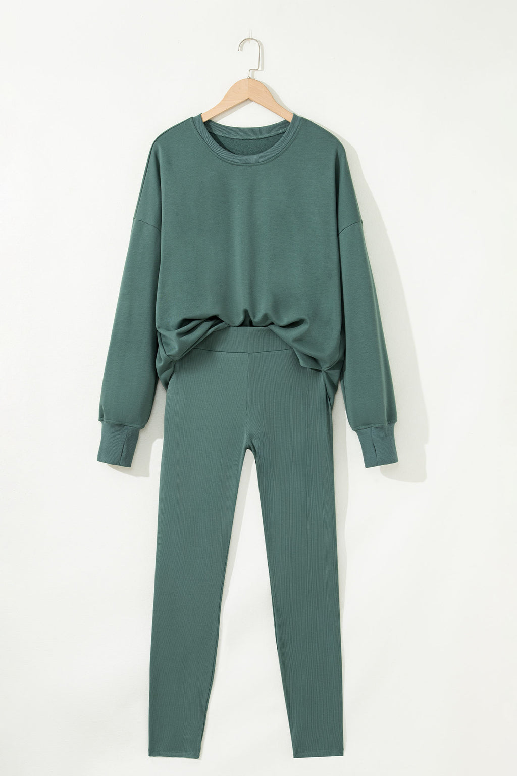 Black Solid Color Oversize Slit Sweatshirt Ribbed Leggings 2pcs Set