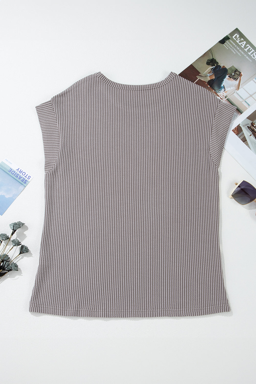 Gray Twisted Rib Wide Sleeve Crew Neck T Shirt